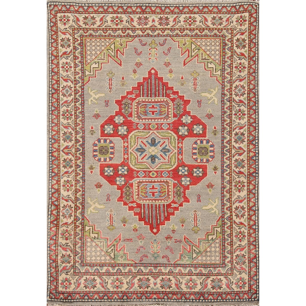 Kazak Oriental Accent Rug Hand-Knotted Grey Wool Carpet - 3'2"x 5'0"