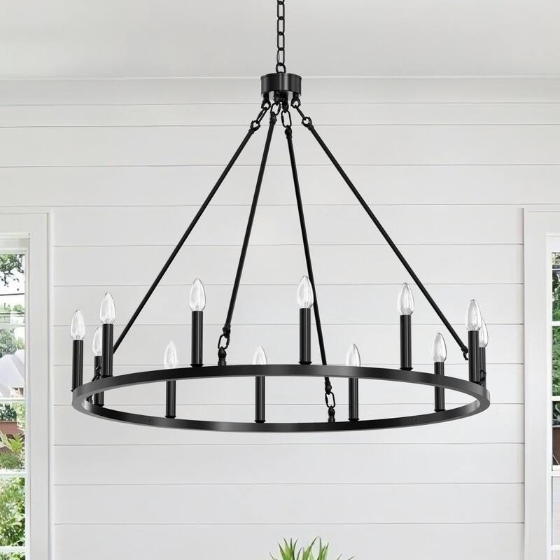 12-Light Black Wagon Wheel Chandelier, Candle Style Ceiling Light Fixtures
