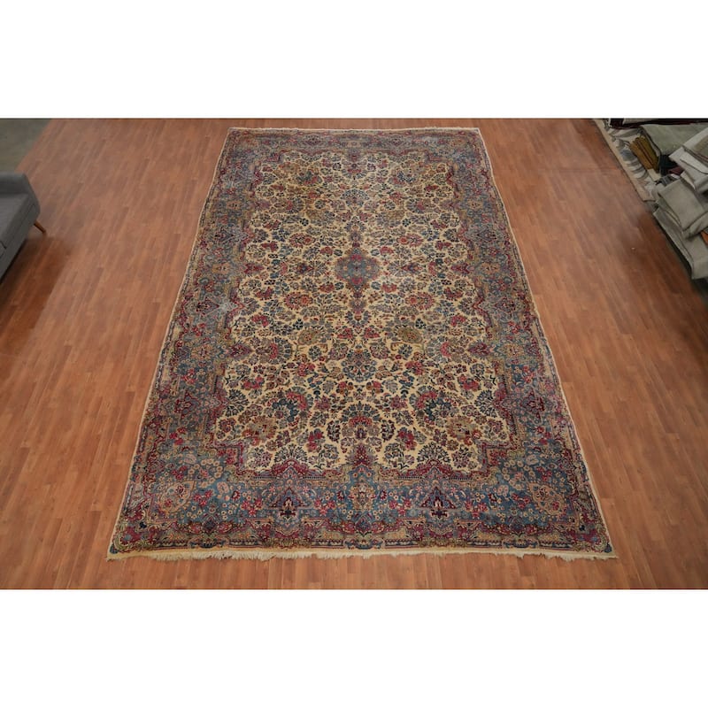 Hand Knotted Oriental 100% Wool Carpet Traditional Floral Beige & Ivories Kerman Area Rug - 17' 9'' X 10' 8''