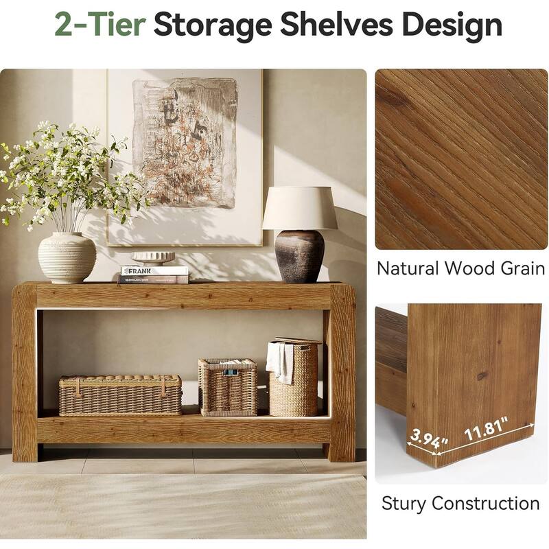 Solid Wood Console Table with Storage, 63-Inch Farmhouse Entryway Table - 62.99" L x 11.81" W x 33.46" H
