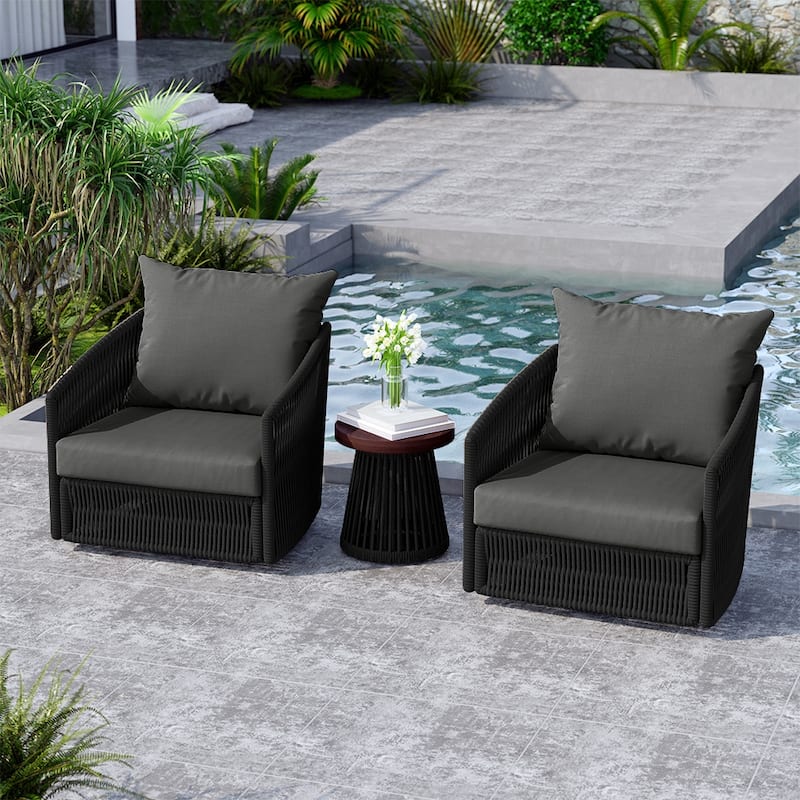 3 Piece Patio Woven Rope Swivel Chair Seating Group with Cushions