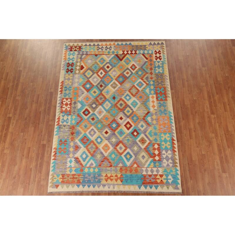 Hand Woven Oriental 100% Wool Carpet Southwestern Geometric Multi-Colored Kilim Area Rug - 9' 6'' X 6' 9''