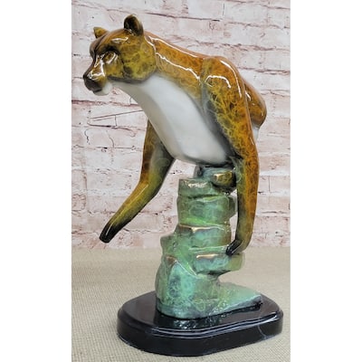 Bronze Metal Cougar Mountain Lion W/ Glazed Patina Finish Statue Sculpture Limited Edition 14 Inches X 10 Inches