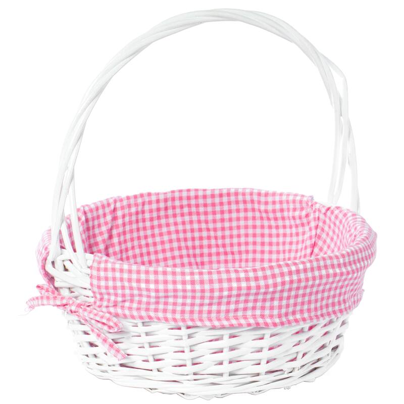 White Round Willow Gift Basket, with Gingham Liner and Handle - Medium - Pink