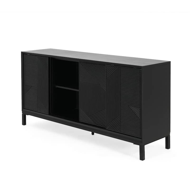 Roomfitters Modern Geometric Accent Cabinet with Sliding Doors, Vertical Striped Design, Ample Storage, Black