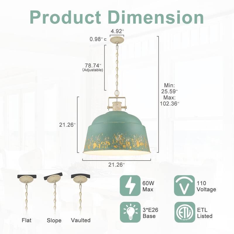 3-Light Industrial Pendant Light with Distressed Metal Dome Shade - 3-Lights