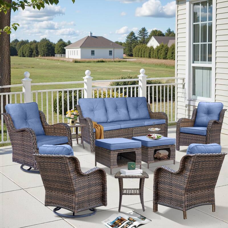 9 Piece Outdoor Wicker Patio Conversation Furniture Swivel Chairs Sets - Blue-Brown Rattan
