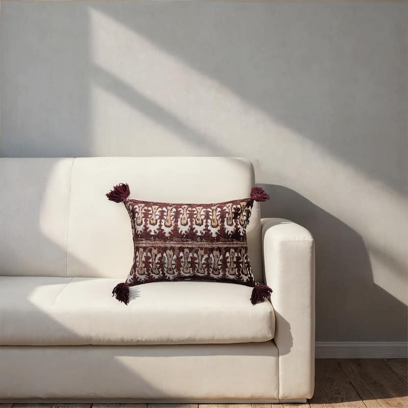 Cotton Velvet Ikat Printed Lumbar Pillow with Tassels