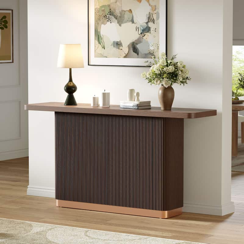 Console Table for Entryway, Ash Veneer Top, Fluted Base with Metal Accent, Modern Hallway Table - Brown