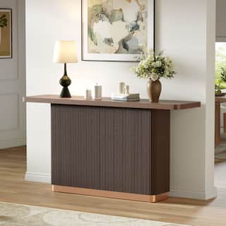 Modern Console Table for Entryway, Ash Veneer Top, Fluted Metal Base Accent, Sideboard, Sofa Table, Display Table