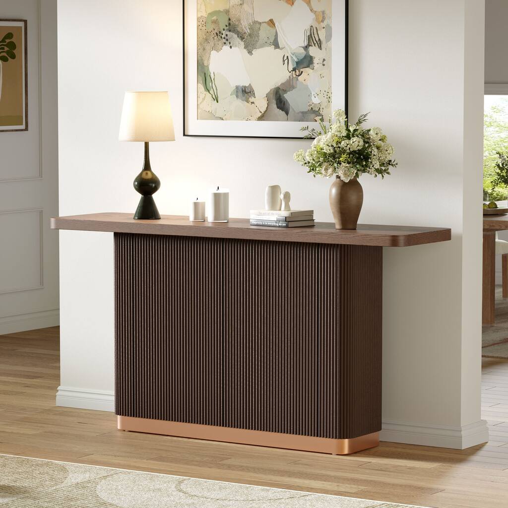 Modern Console Table for Entryway, Ash Veneer Top, Fluted Metal Base Accent, Sideboard, Sofa Table, Display Table