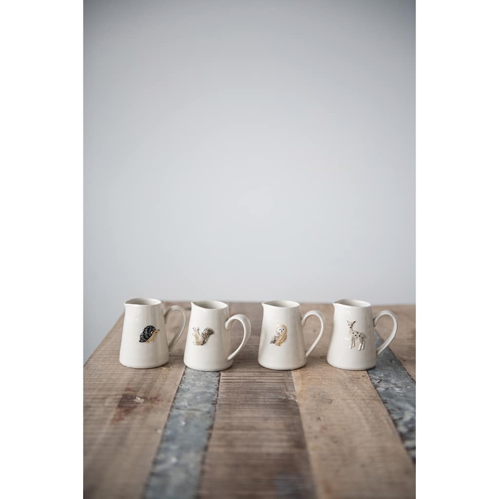 Ceramic Pitchers with Hand-Painted and Embossed Forest Animals, Set of 4 Styles
