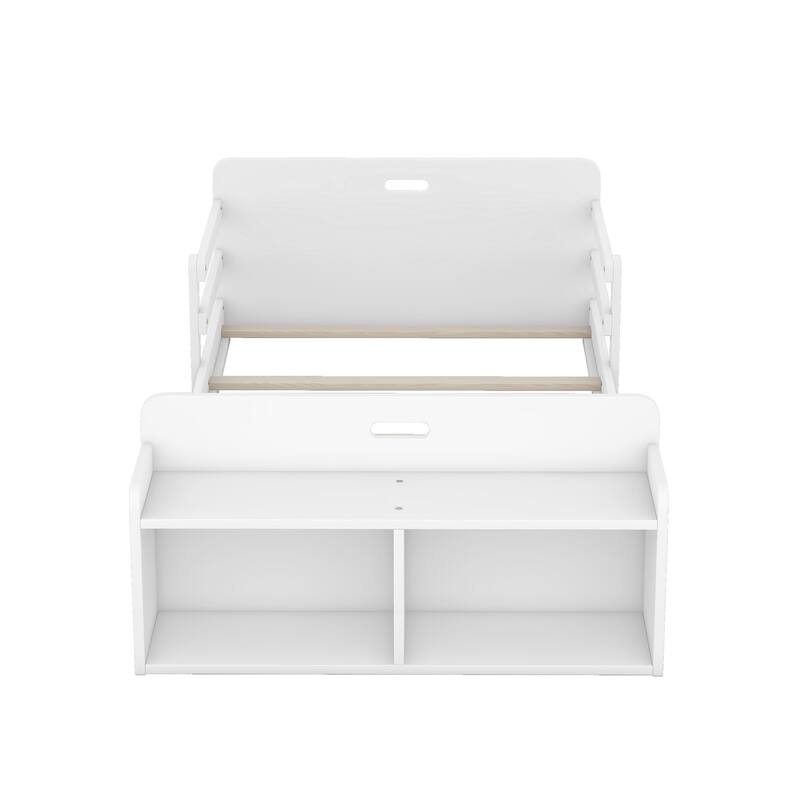 Twin Size Floor Bed with Storage Footboard and Guardrail