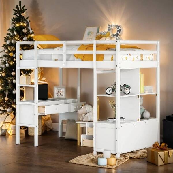 slide 2 of 25, Elegant & Multifunctional Design Twin Size Loft Bed with Built-in Desk with 2 Drawers, and Storage Shelves, Space Saving, White White
