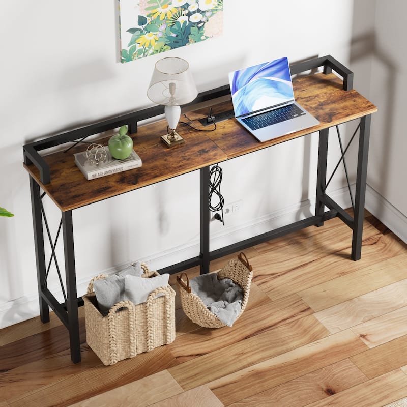 Console Table with 2 Outlet and 2 USB Ports,Entryway Table Narrow Charging Station Sofa Table