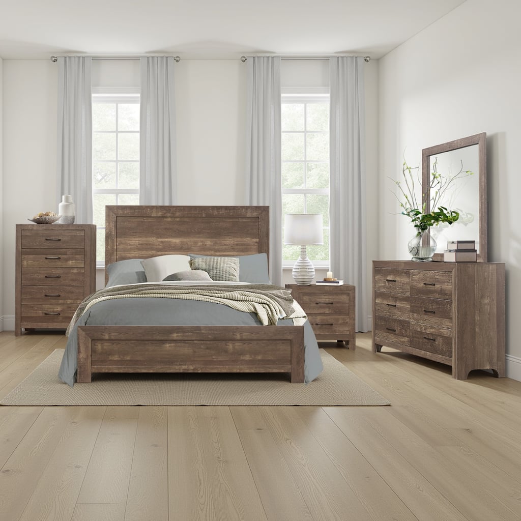 Ko Four Piece California King Size Bedroom Set, Panel Detailings, Black Metal Handles, Rustic Brown
