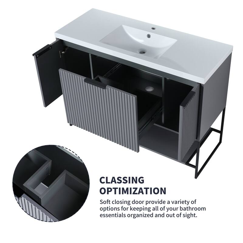 48 inch Rock Grey Plywood Freestanding Bathroom Vanity Set with Open shelf and Integrated Resin Sink
