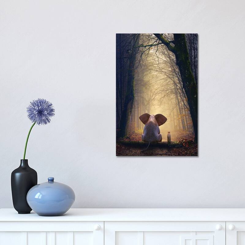 iCanvas "Elephant And Dog Sit In The Autumn Forest" by Mike Kiev Canvas Print - 18x12x1.5