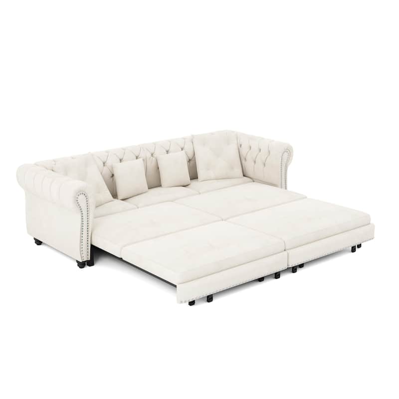 Oversized Chesterfield Loveseat Sofa, Convertible Pull Out Sleeper Sofabed Velvet Couch Bed w/Movable Ottoman and Nailhead Trim