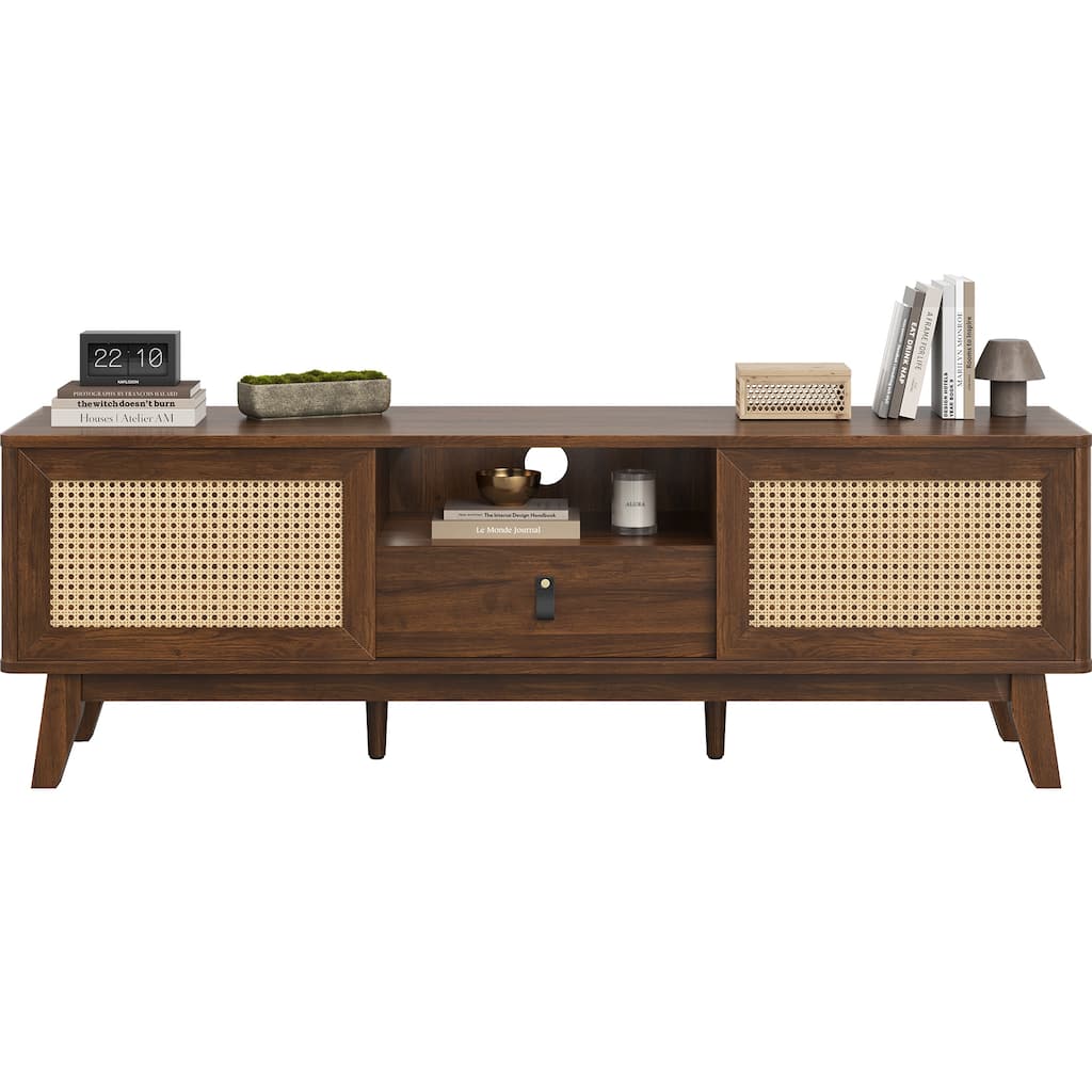 Rattan TV Stand TV Media Console with Drawer and Cabinets