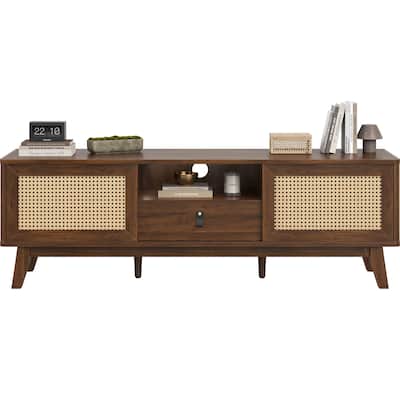 Rattan TV Stand for TVs, Wood TV Stand Mid Century Modern TV Stand TV Media Console with Drawer and 2 Cabinets