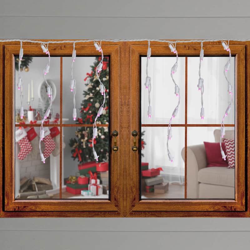 100 Count Pink LED Wide Angle Icicle Christmas Lights 5.5ft White Wire