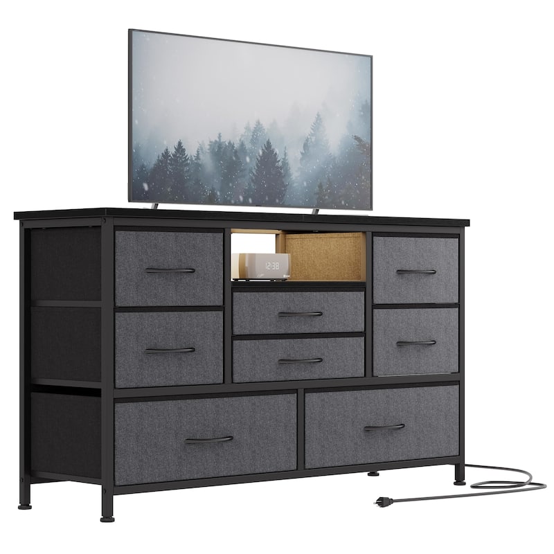 8-Drawer Fabric TV Stand with LED Lights & Built-in Power Outlets