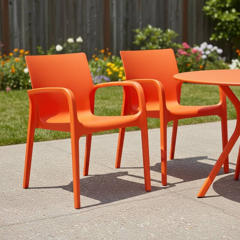 HomeRoots Set of Two Orange Heavy Duty Plastic Outdoor Stacking Dining Chairs