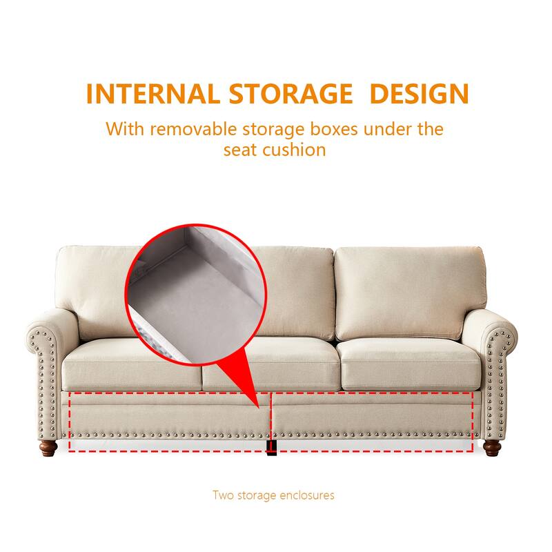 Fabric Upholstered Sofa with Storage Under Seat, Round Arm Design, Silver Nailhead Accents, Durable Solid Wood & Metal Frame