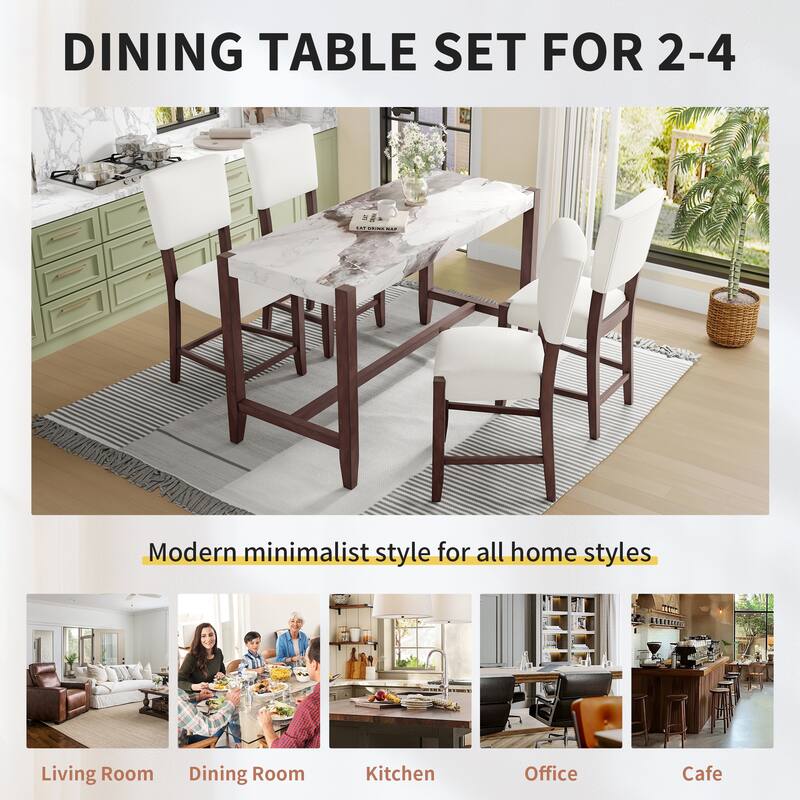 Roomfitters 5-Piece Counter Height Dining Table Set, Faux Marble Bar Table with 4 Upholstered Chairs, Space Saving, Beige Brown