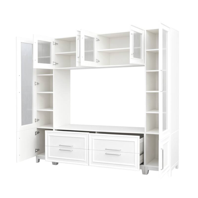 102" W Entertainment Unit TV Stand for TVs up to 75", Wall Unit Entertainment Center with Glass Cabinets