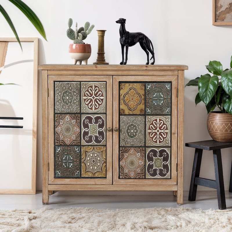 Retro 2-Door Accent Storage Distressed Cabinet - Yellow