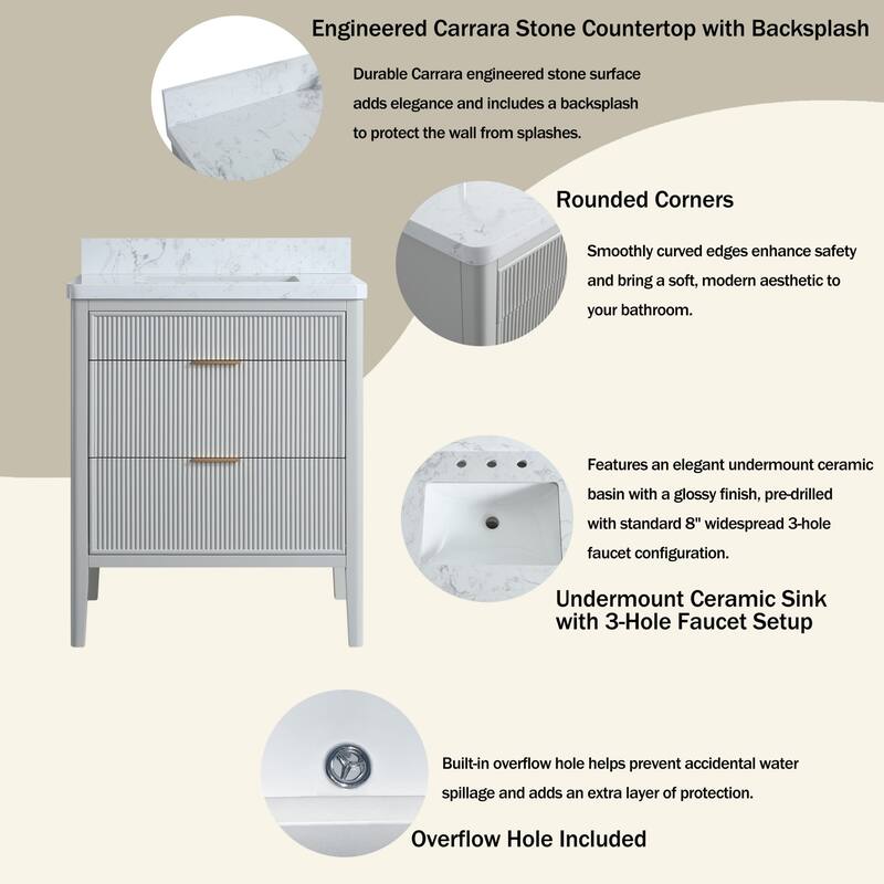 Modland 30" Freestanding Bathroom Vanity with Carrara Marble Top - Soft-Close Drawers,Green / Grey - 30 inch