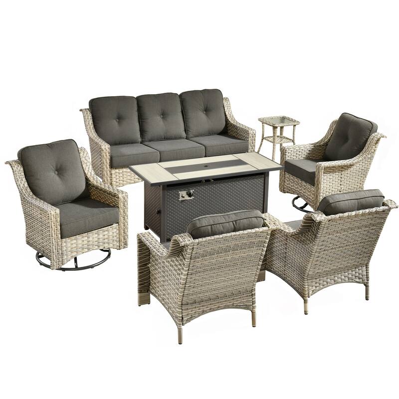 HOOOWOOO 7-piece Wicker Rattan Outdoor High Back Conversation Set with 54" Fire Pit
