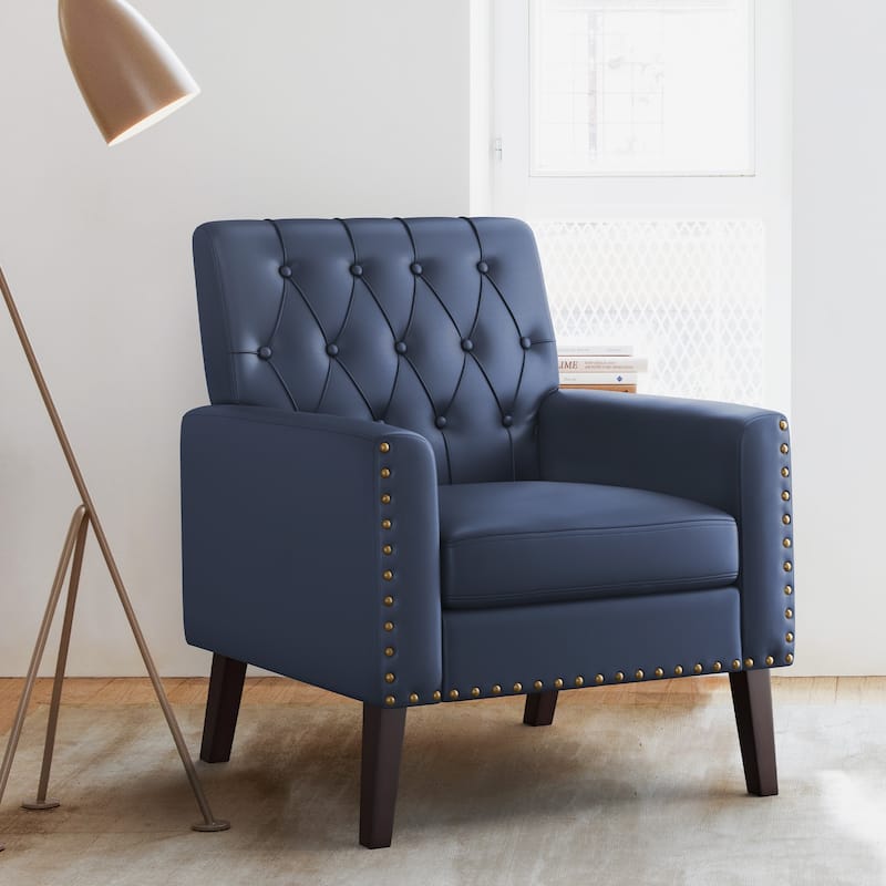 Modern Upholstered Accent Chair with Tufted Backrest and Solid Wood Legs Living Room Armchair - Blue/Leather - Single