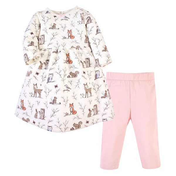 slide 1 of 1, Hudson Baby Infant and Baby Girl Quilted Cotton Long-Sleeve Dress and Leggings 2pc Set, Enchanted Forest 0-3 Months - Enchanted Forest