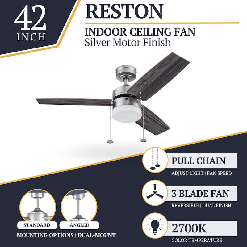 42" Prominence Home Reston Pewter Modern Farmhouse LED Ceiling Fan with Light, Pull Chain - 42