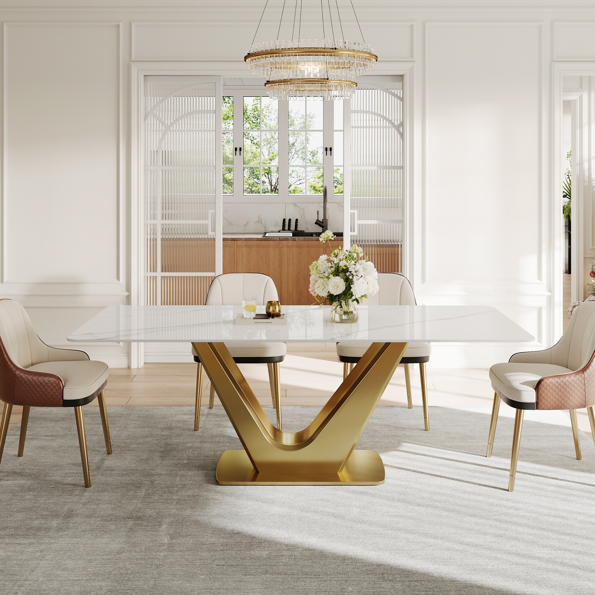 71'' Modern Rectangular Dining Table for 6, White Glossy Sintered