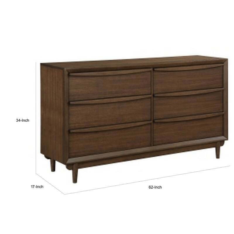 Soly 62 Inch Wide Dresser, 6 Drawers, Lip Pull Handles, Walnut Brown Finish