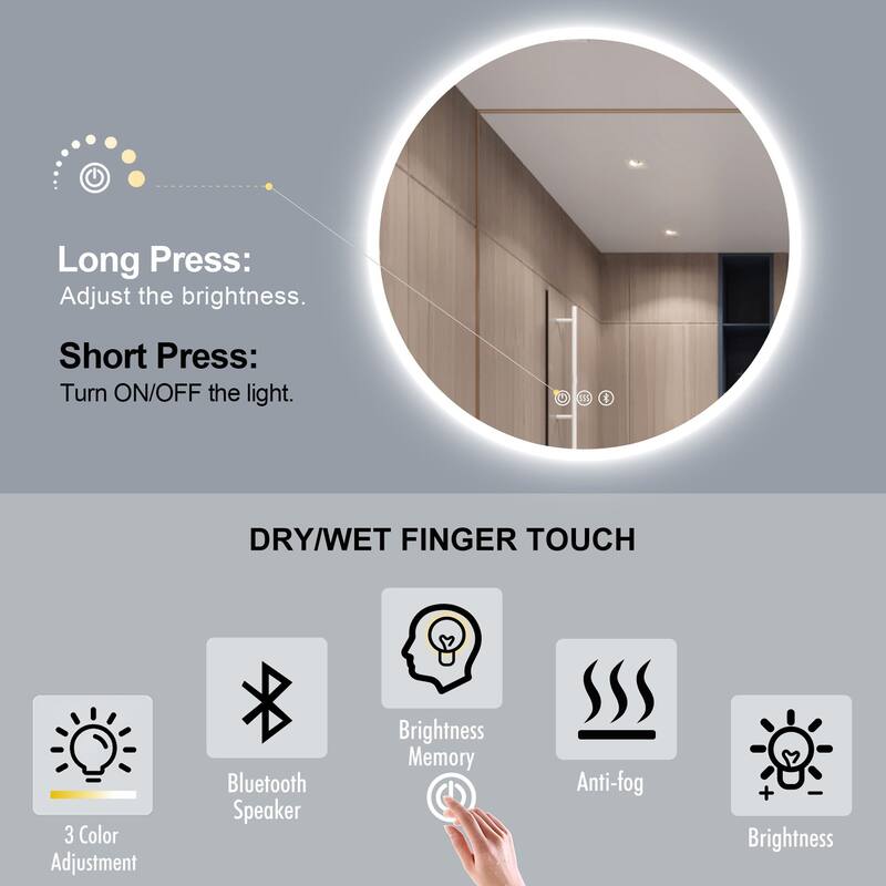 Round Frameless Wall Mount Anti Fog LED Light Bathroom Vanity Mirror