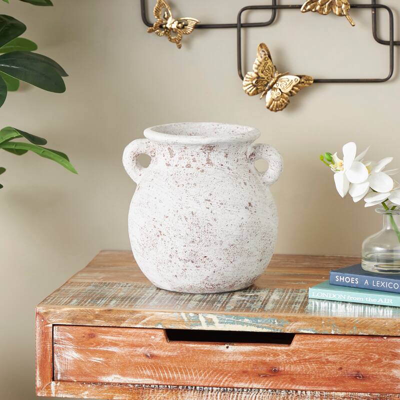 Cream Ceramic Antique Style Textured Pot Decorative Vase with Handles - Cream