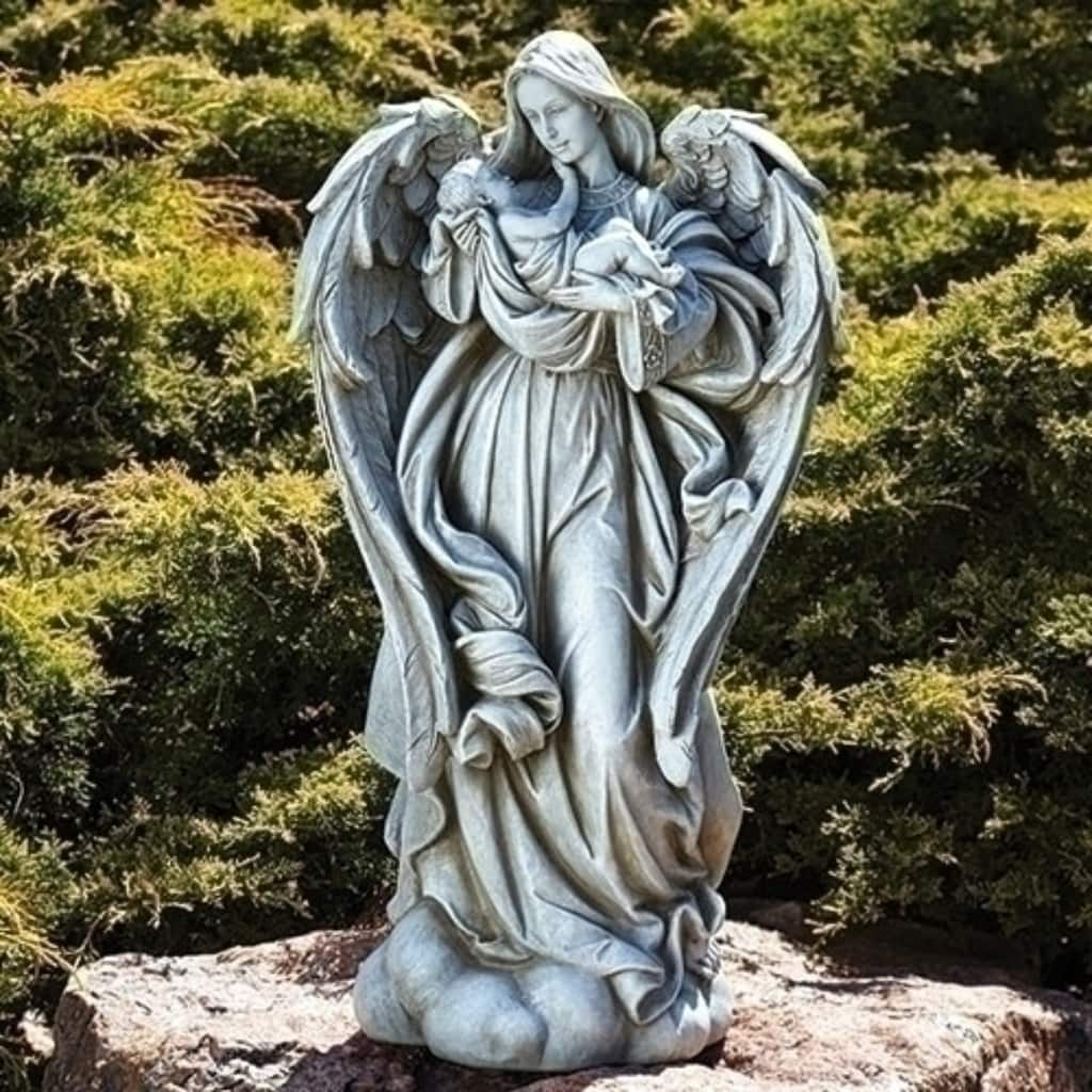 25.25" Gray Angel Holding a Baby Outdoor Garden Statue