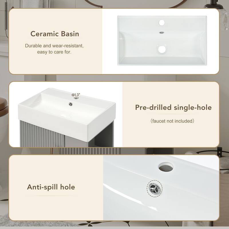 21.6" Floating Bathroom Vanity with Ceramic Basin - Right-Side Storage, Space-Saving for Small Bathrooms