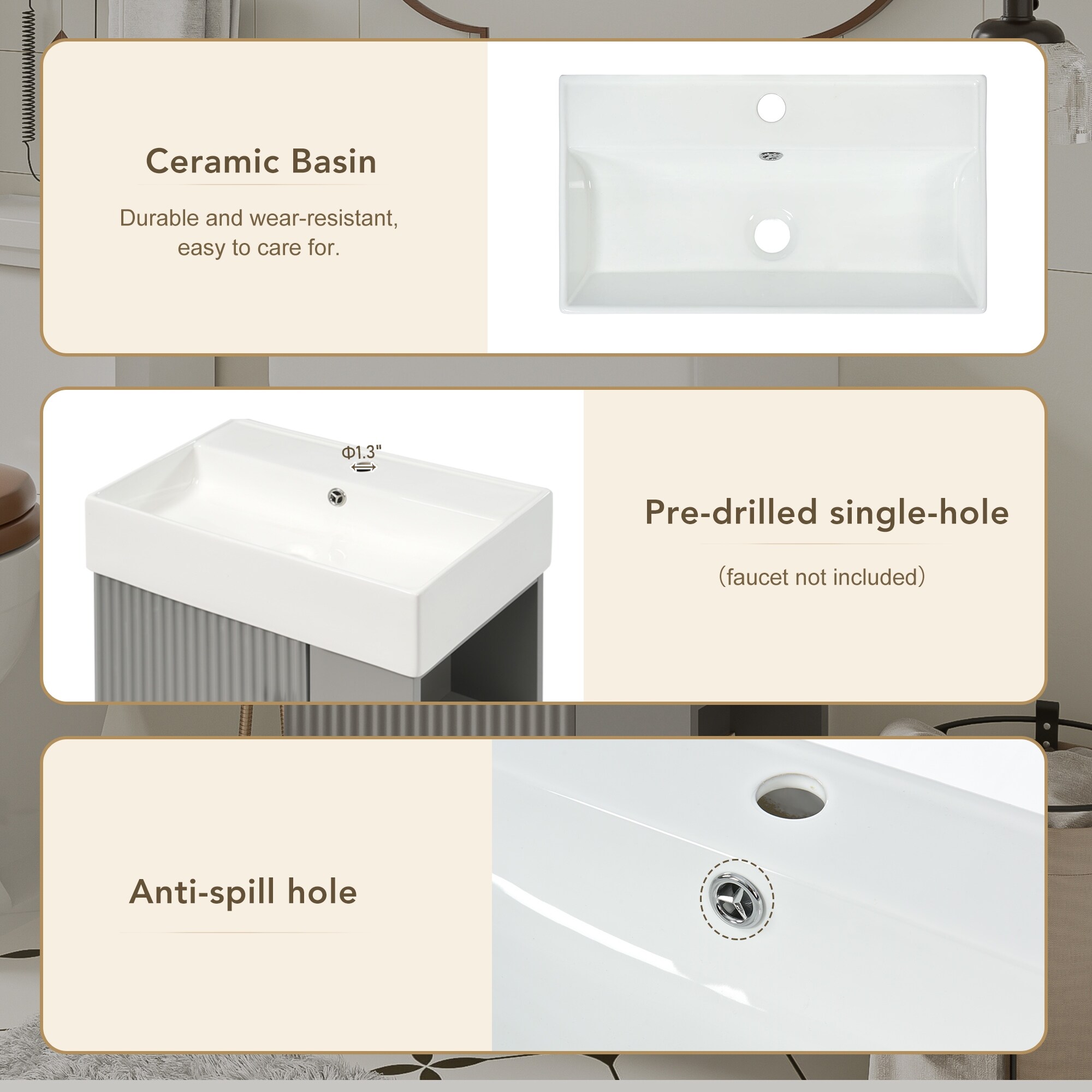 21.6 inch Modern Floating Bathroom Vanity with Ceramic Basin