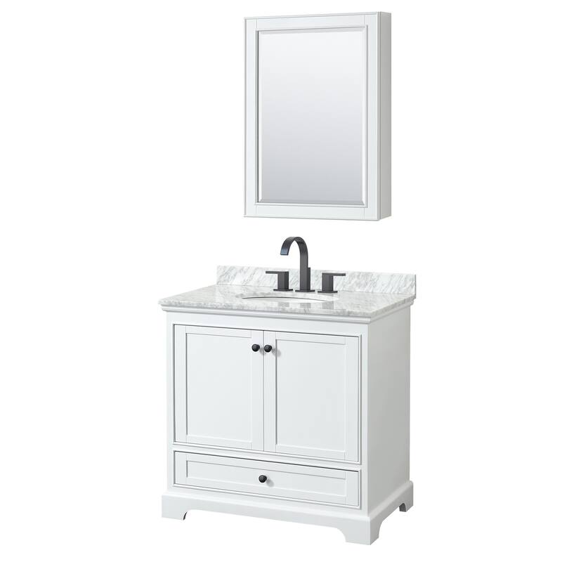 Wyndham Collection Deborah 36" Free Standing Single Vanity Set with - White / White Carrara Marble Top / Matte Black - Painted