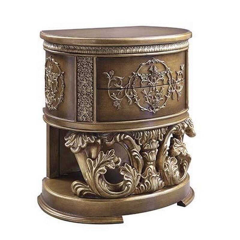 Nightstand with Scrolled Carvings and Half Moon Shape, Antique Gold