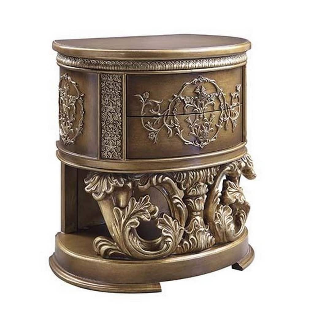 Nightstand with Scrolled Carvings and Half Moon Shape, Antique Gold