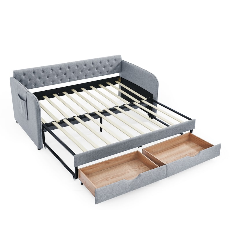 Twin Size Upholstery Daybed with Trundle and Two Storage Drawers for Bedroom