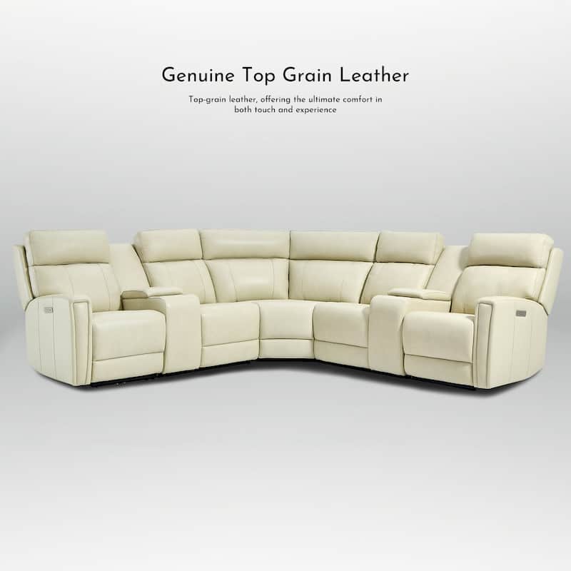 Genuine Leather Power Recliner Sectional Sofa with Ajustable Headrest, USB&USB-C Port