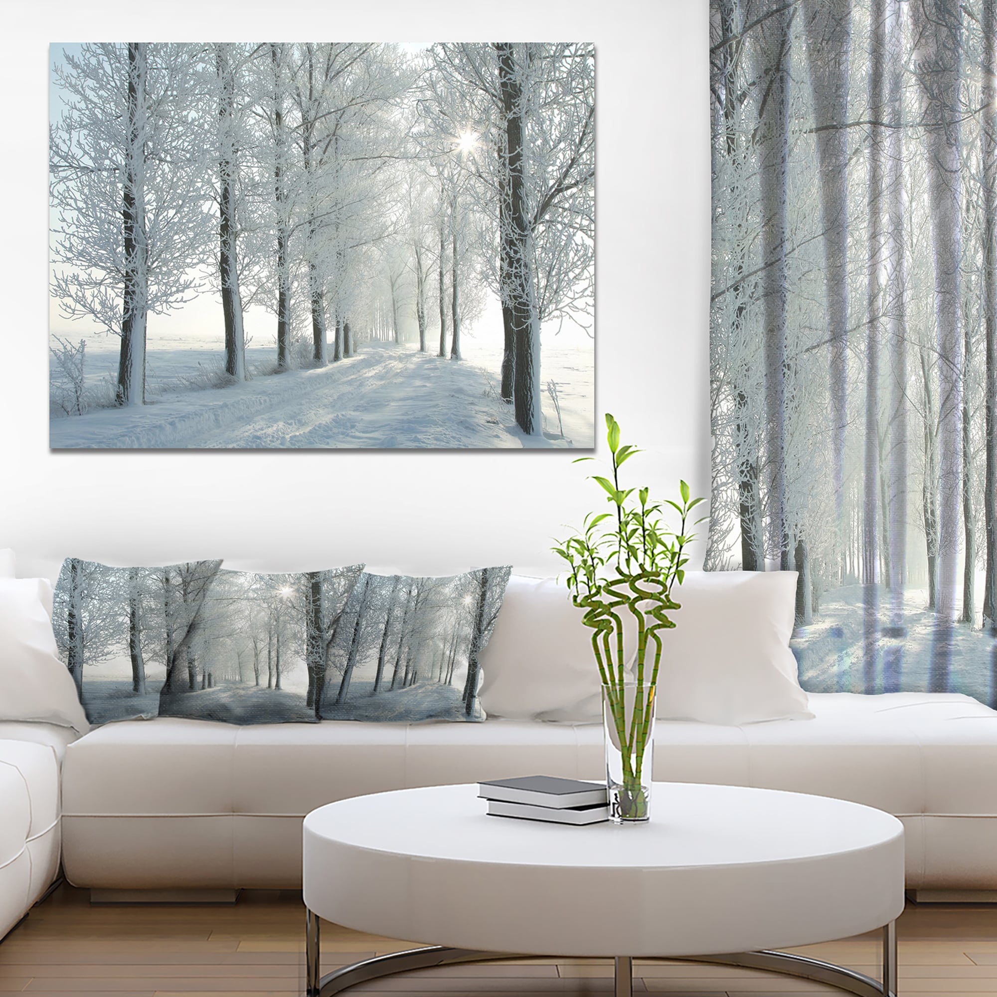 Designart "Winter Trees Backlit by Morning Sun" Large Forest Artwork Print on Canvas